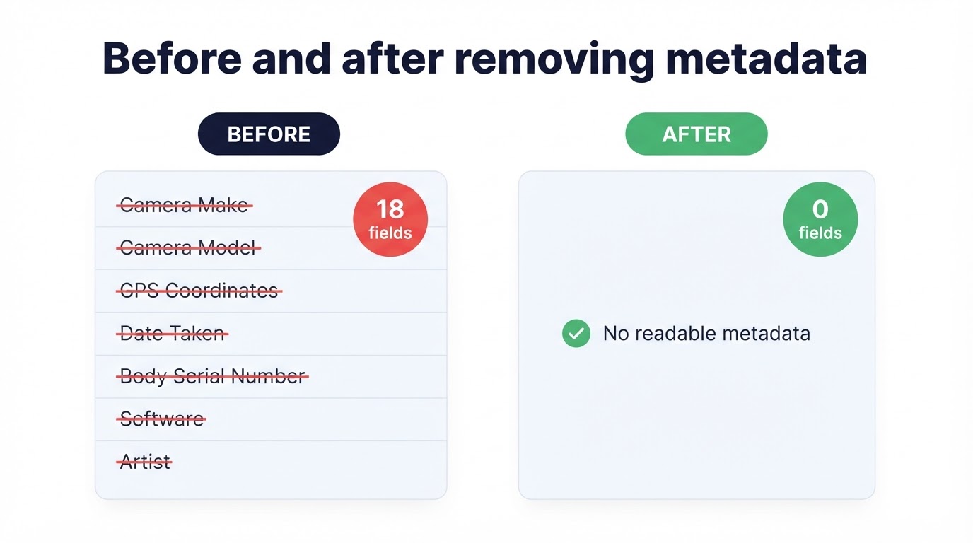Before and after metadata removal: 18 EXIF fields including GPS coordinates on the left, none readable on the right