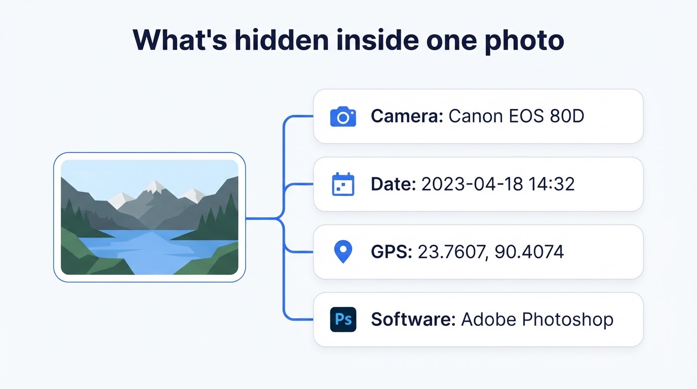 Metadata privacy diagram showing the camera model, capture date, GPS coordinates and editing software hidden inside one photo