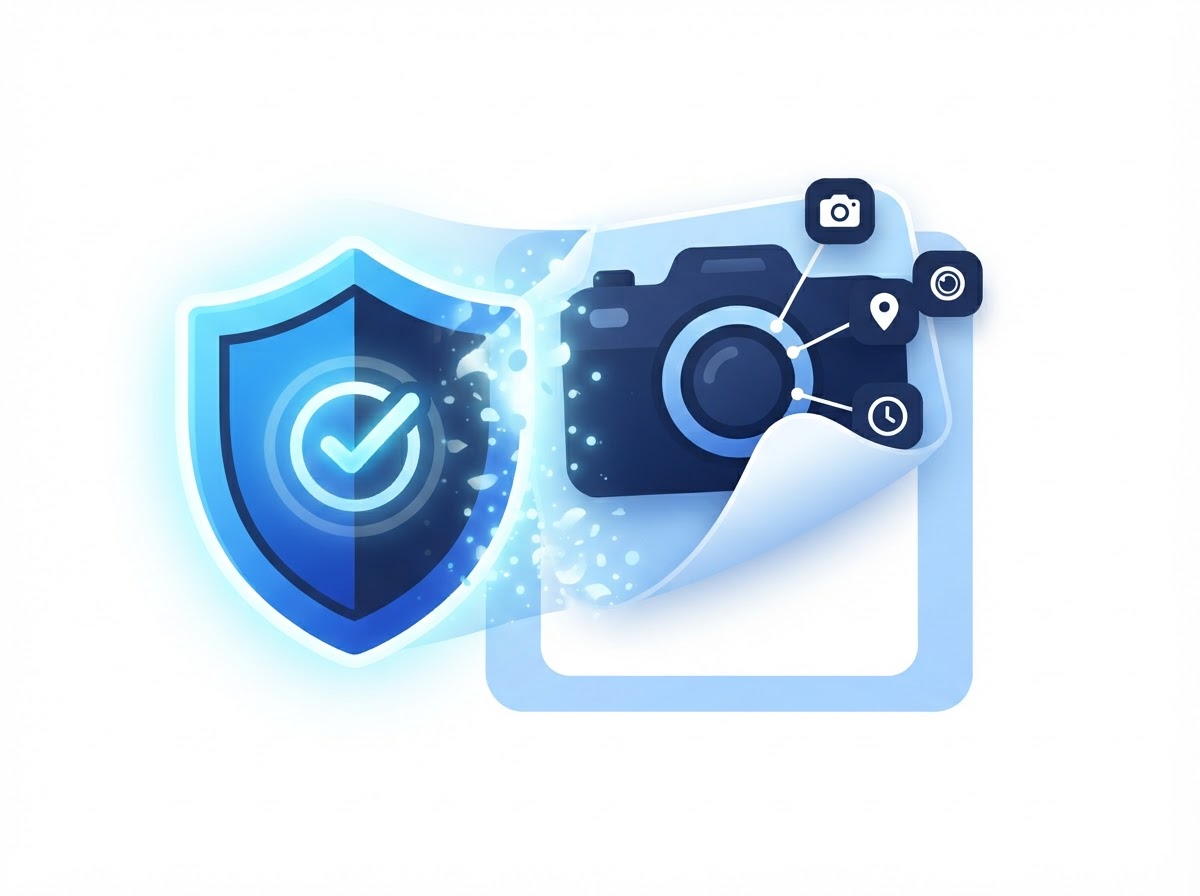 Camera, lens and timestamp EXIF tags being erased from a photo by a shield icon