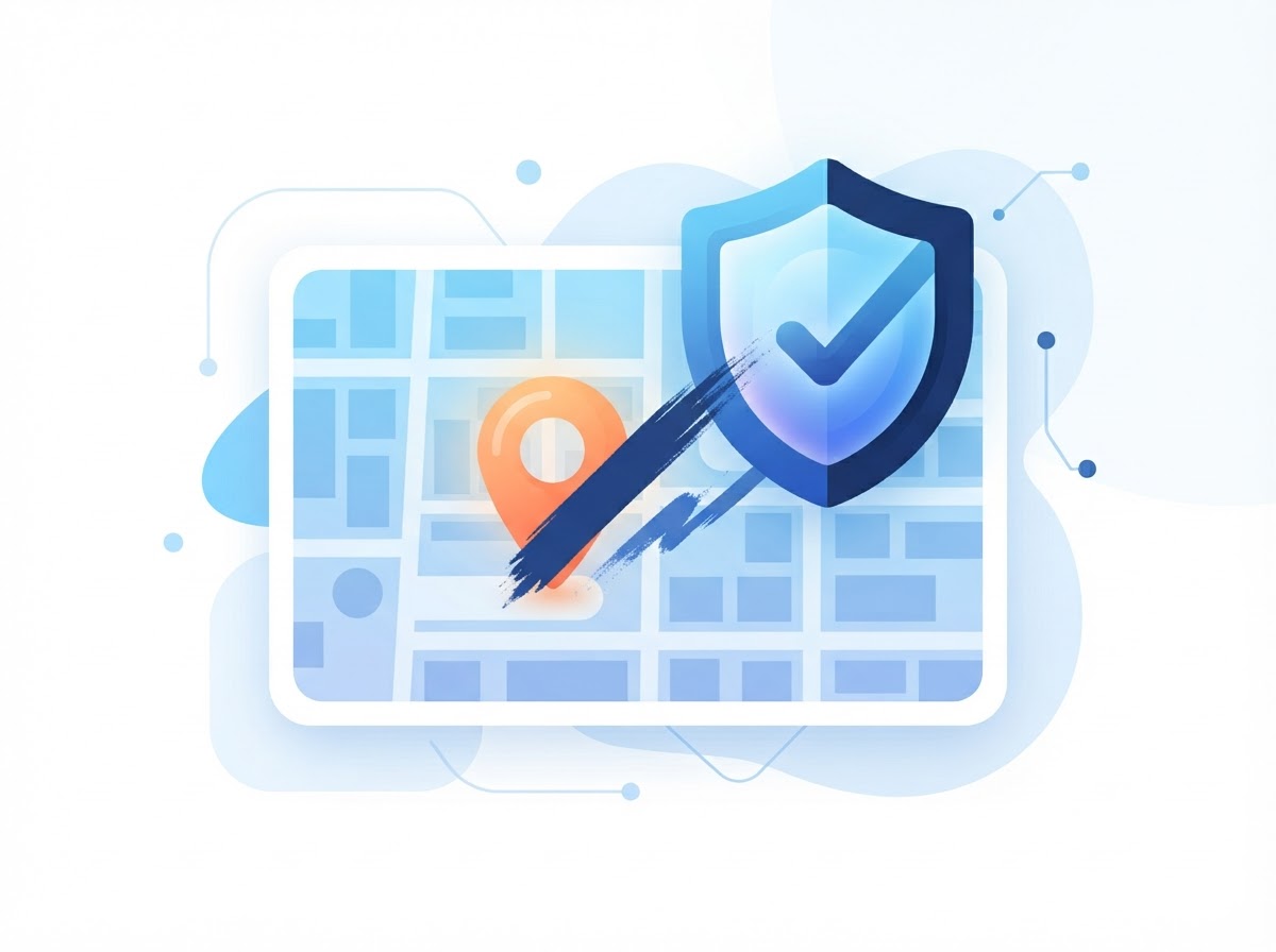 A map pin location marker on a photo being erased and replaced by a privacy shield