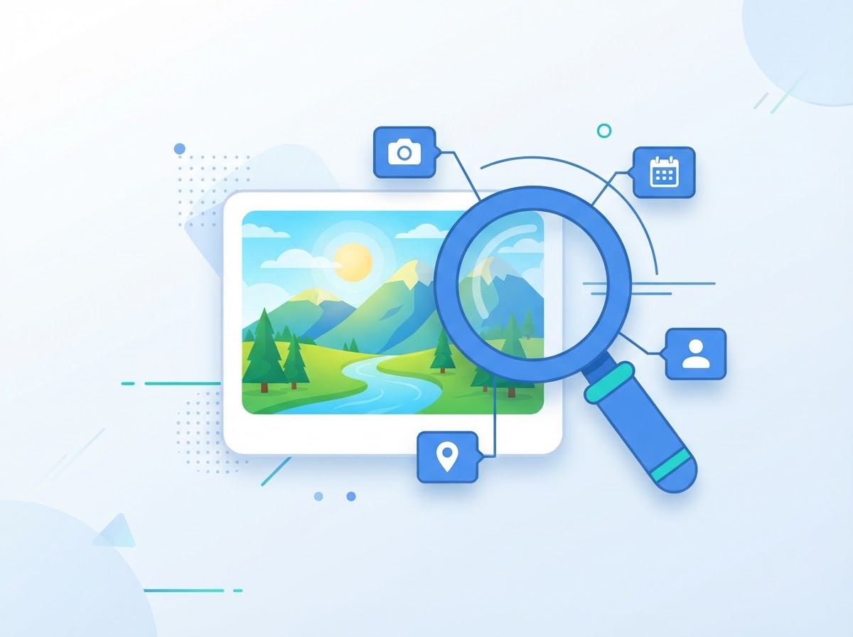 A magnifying glass over a photo, revealing camera, date, author and location tags